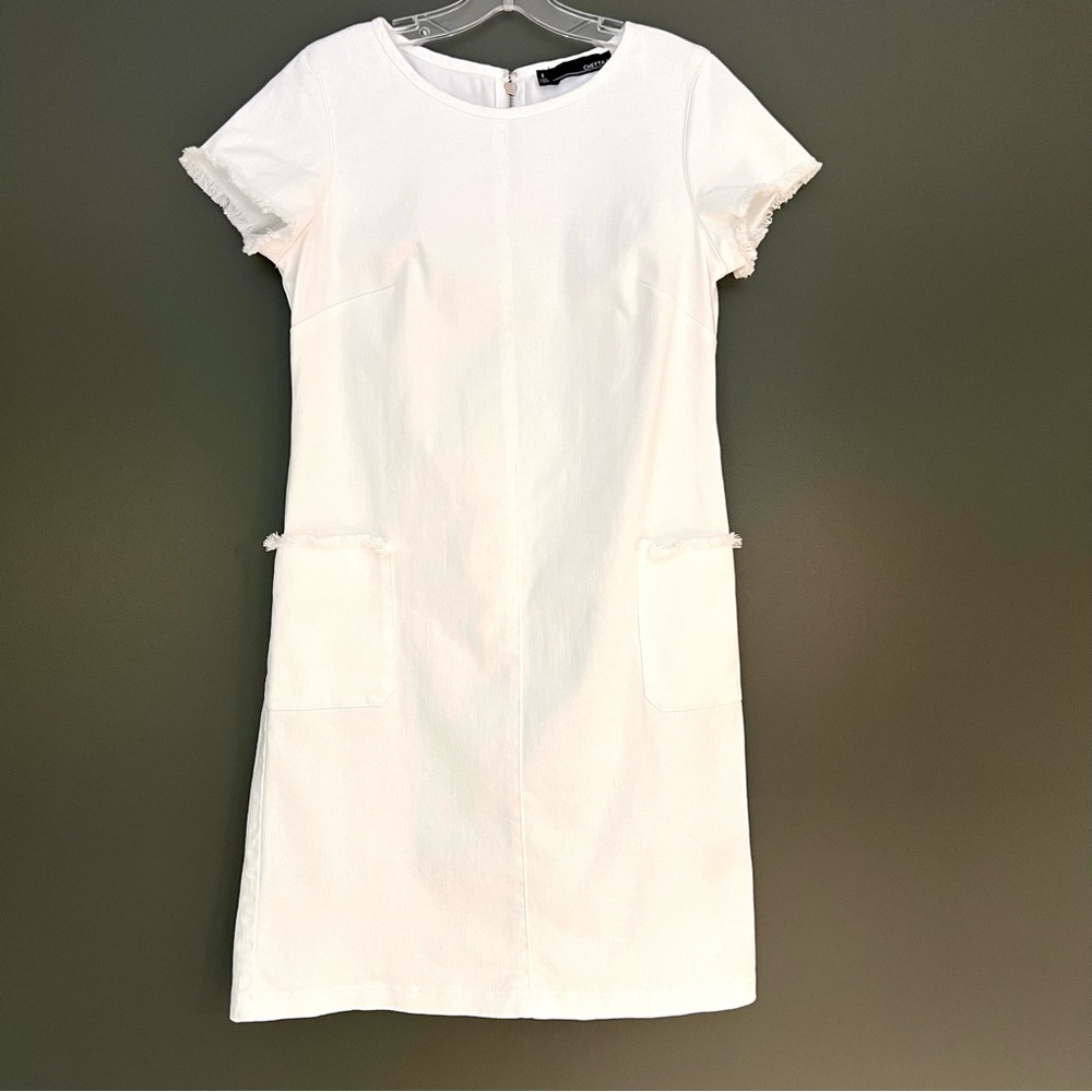 Chetta B short white denim dress size 6 with fringe detail